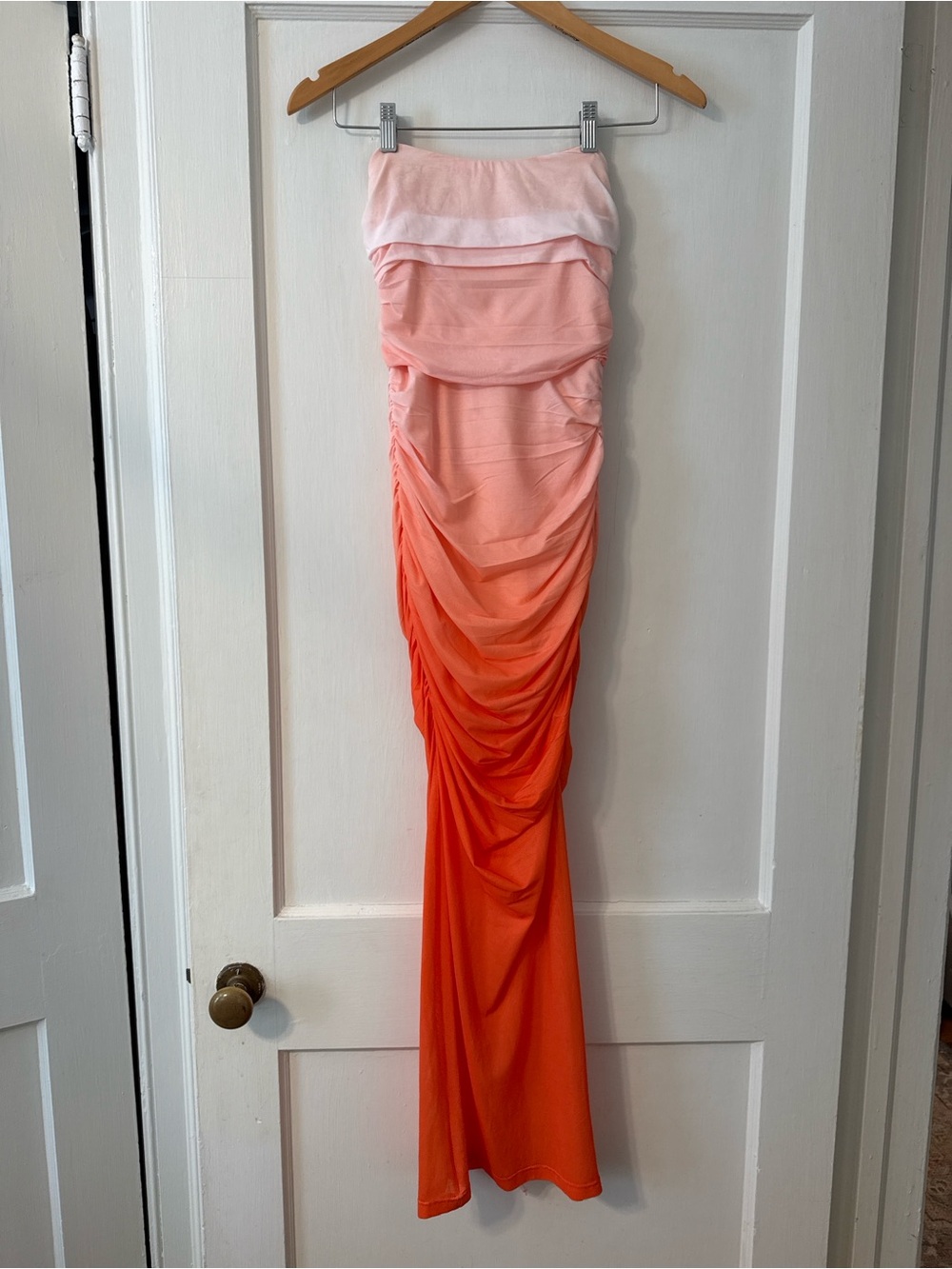 Ombre Strapless Ruched Maxi Dress in Peach-Orange